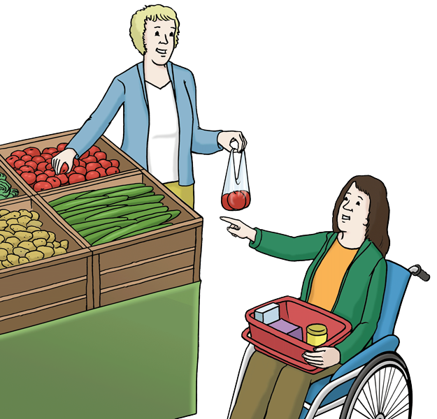 Grafik: Eine Person hilft einer Person im Rollstuhl beim Einkaufen