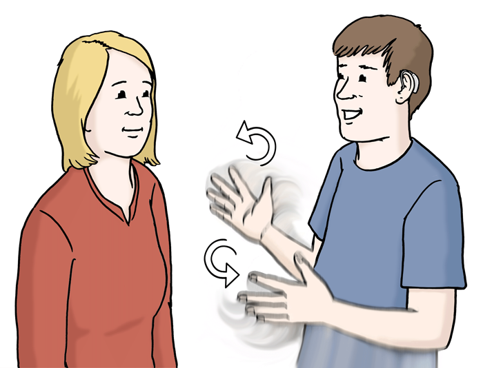 Grafik: Zwei Menschen kommunizieren mit Gebärdensprache