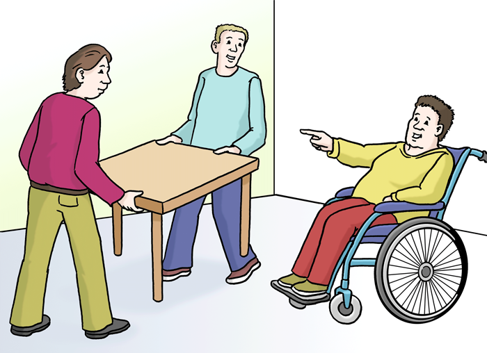 Grafik: Drei Personen, eine davon im Rollstuhl richten ein Zimmer ein